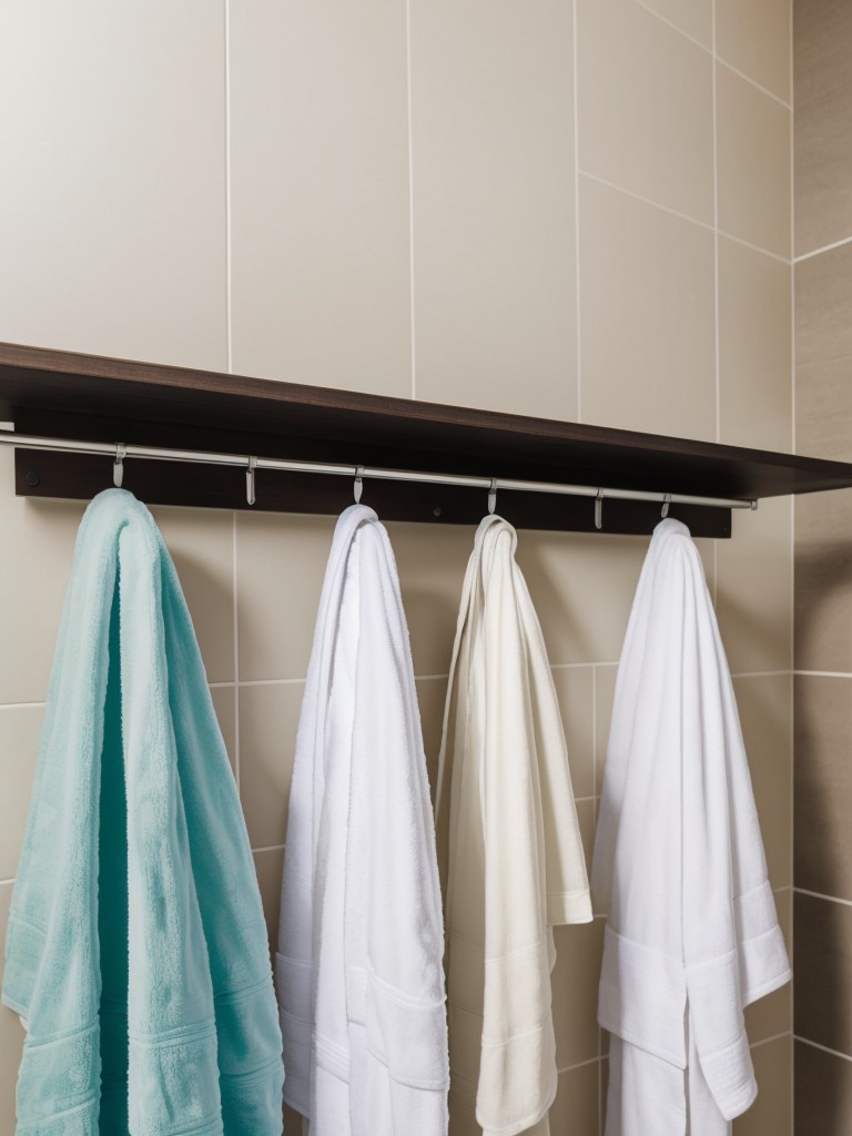 Use temporary, adhesive hooks or racks to hang towels and robes in your bathroom without damaging walls.