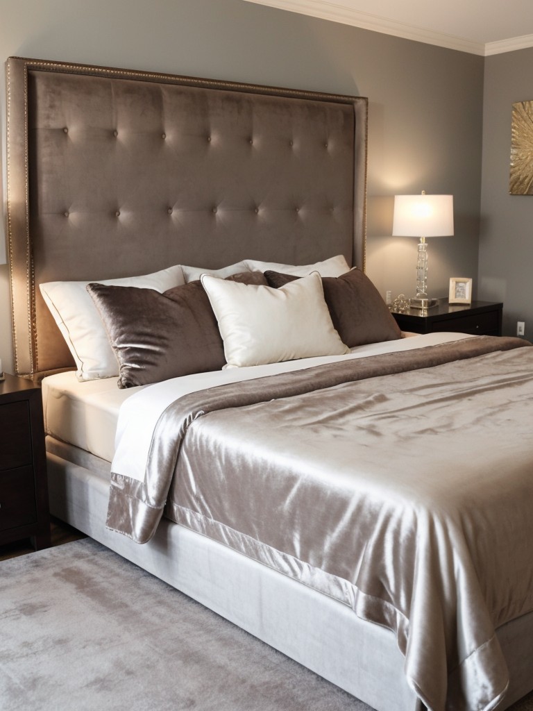 Add a touch of luxury to your bedroom with velvet or satin throw pillows, a plush area rug, and a tufted headboard.