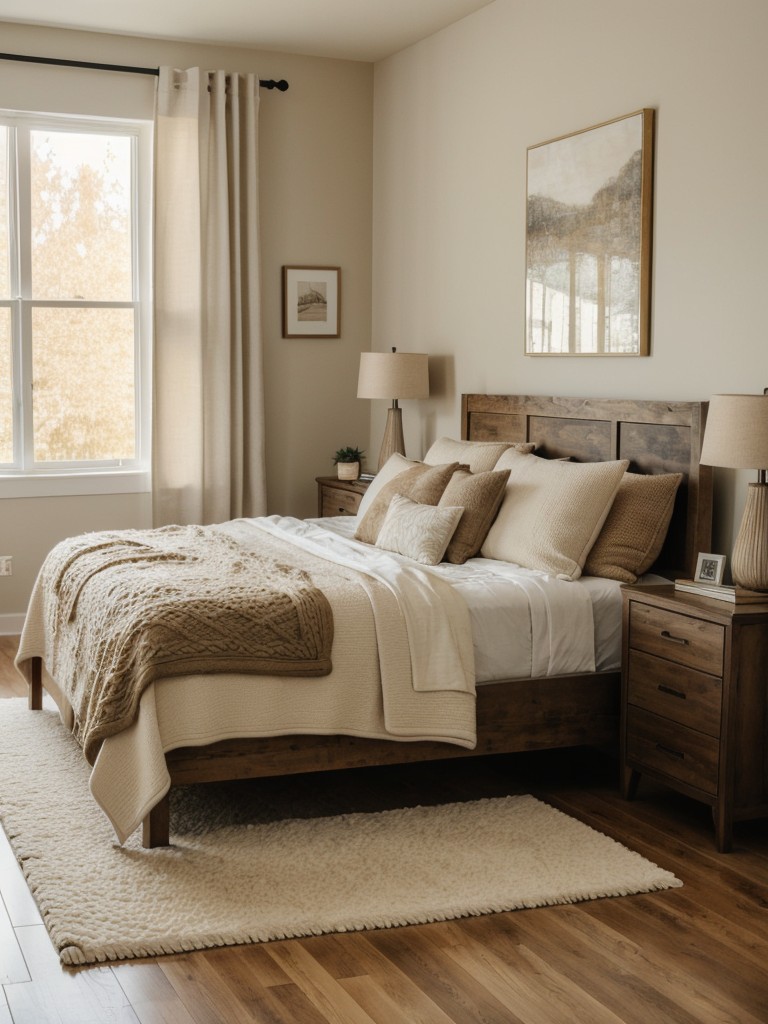 Add warmth and texture to your bedroom with a fuzzy area rug, knit blankets, and throw pillows in earthy tones.