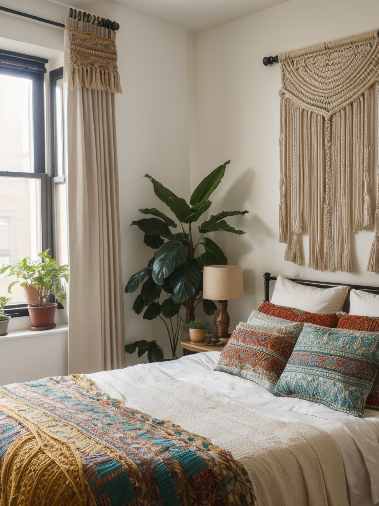 Create a bohemian-inspired bedroom in your NYC apartment by incorporating vibrant textiles, macrame wall hangings, and lush plants.