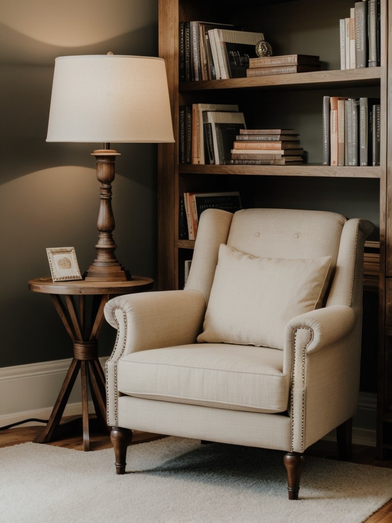 Create a cozy reading nook in your bedroom with a spacious armchair, a floor lamp, and a bookshelf filled with your favorite reads.
