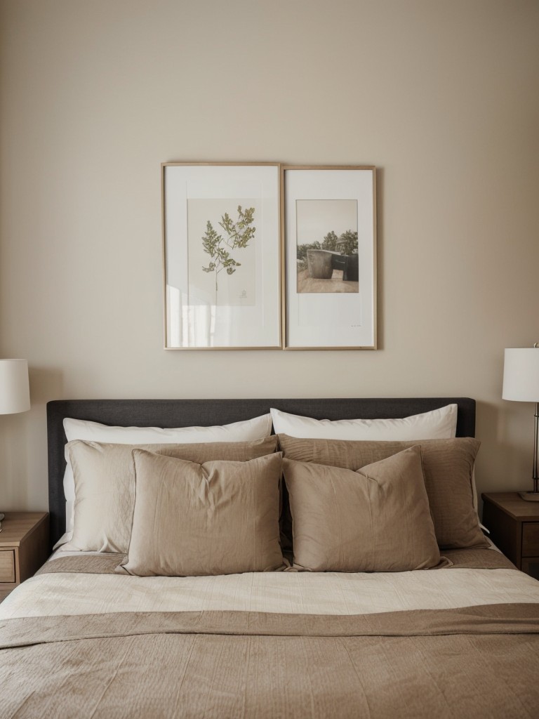 Create a cozy and stylish bedroom with a mix of neutral colors, plush bedding, and statement wall art.