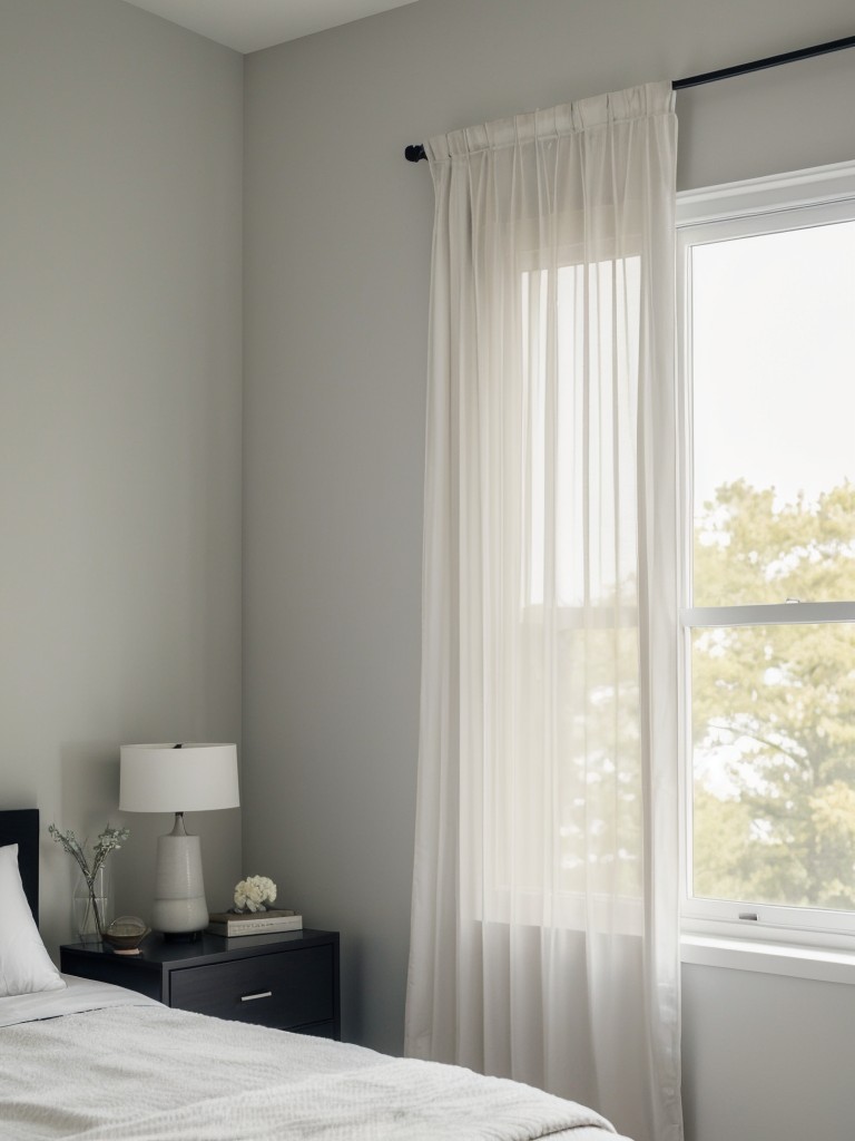 Create a serene atmosphere in your bedroom with soft, calming colors, blackout curtains, and minimalist decor.