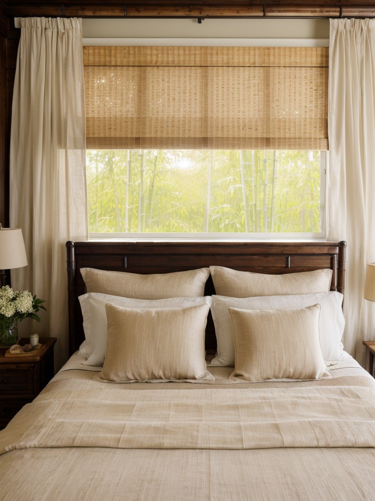 Create a tranquil retreat in your bedroom with soothing natural materials like bamboo shades, linen curtains, and a rattan headboard.