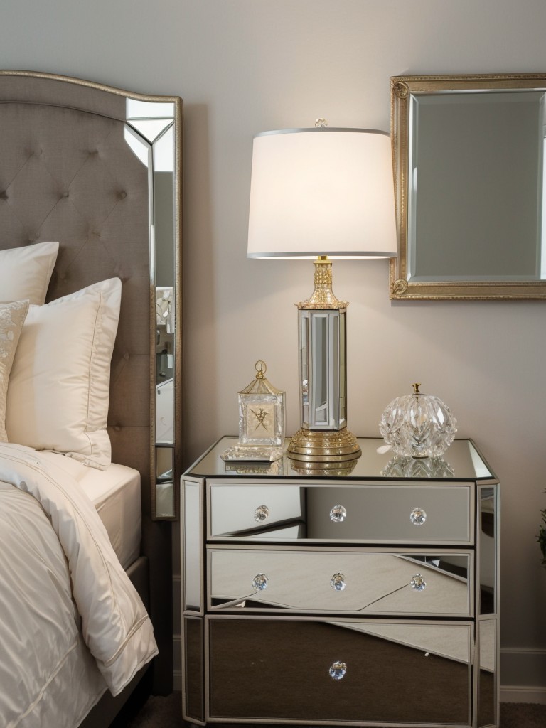 Incorporate a touch of glamour in your bedroom with metallic accents, a mirrored nightstand, and a crystal chandelier.