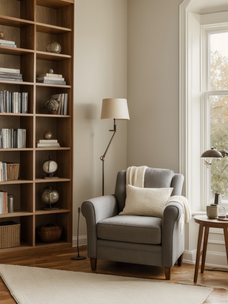 Create a cozy reading nook by adding a comfortable armchair and a floor lamp in a corner.