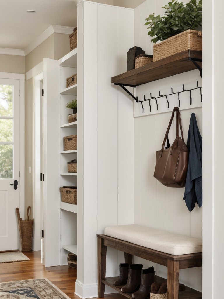 Create a functional entryway with a narrow console table and wall-mounted hooks or shelves for organization.