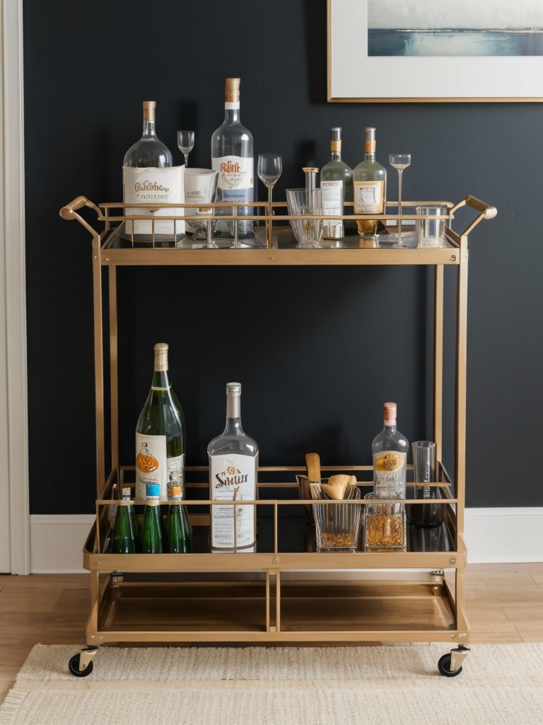 Incorporate a stylish bar cart that can be used for entertaining and also as a mobile storage solution.