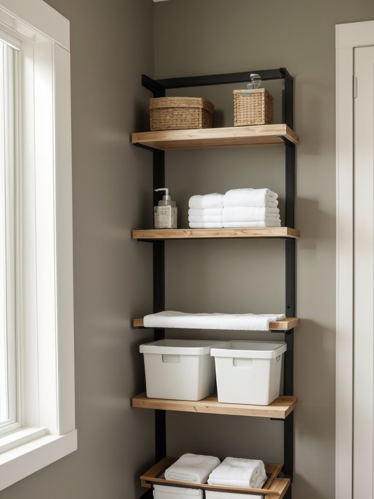 Install floating shelves or wall-mounted storage units in the bathroom to maximize storage space.