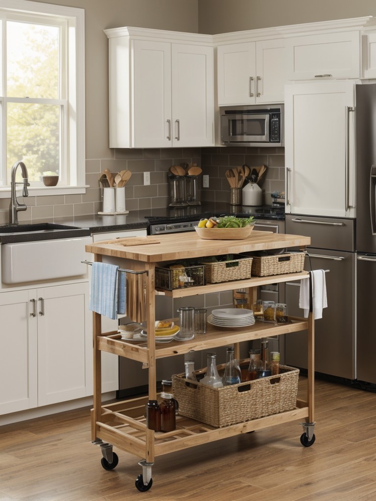 Consider utilizing a roll-out cart or a kitchen trolley to provide additional counter space when needed.