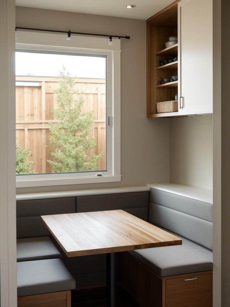 Incorporate a small dining nook by installing a built-in bench with storage underneath.
