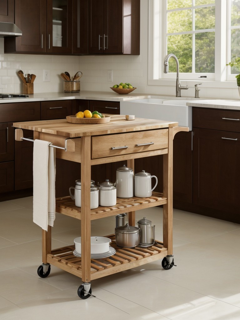 Incorporate a small kitchen cart with wheels for flexibility and easy maneuverability.
