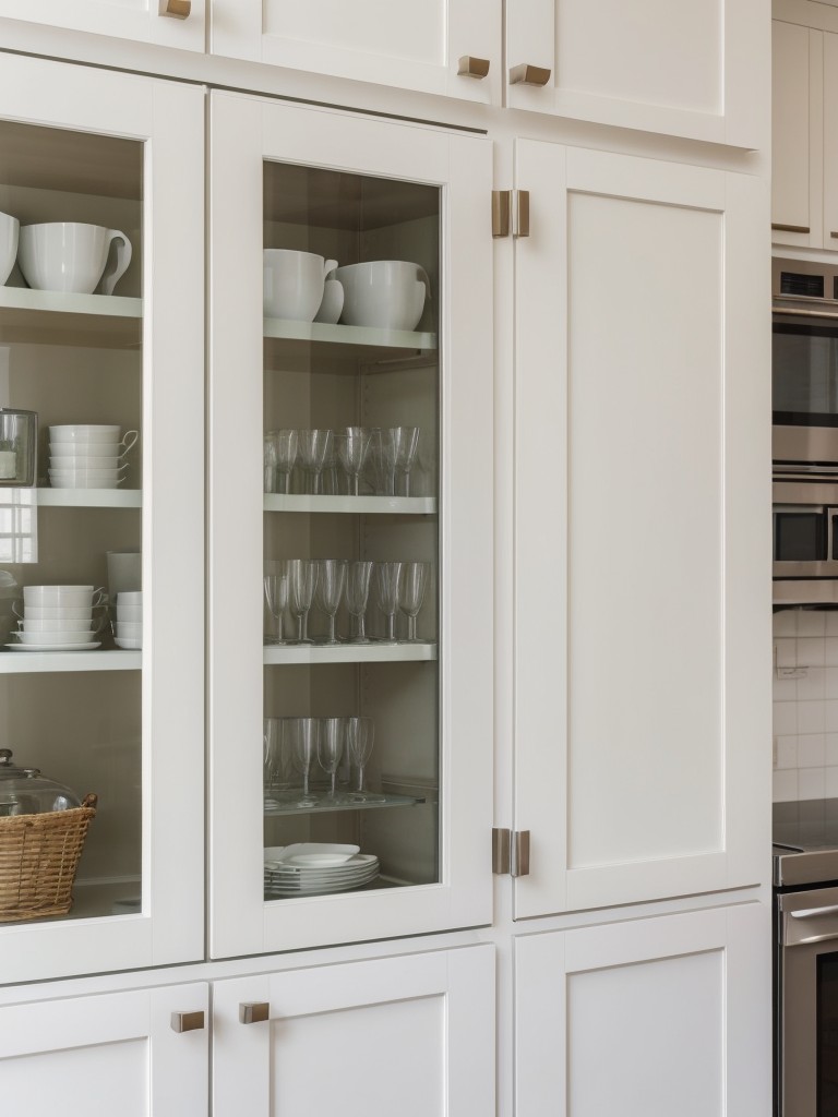 Install glass cabinet doors to create an open, airy feel in a small kitchen.