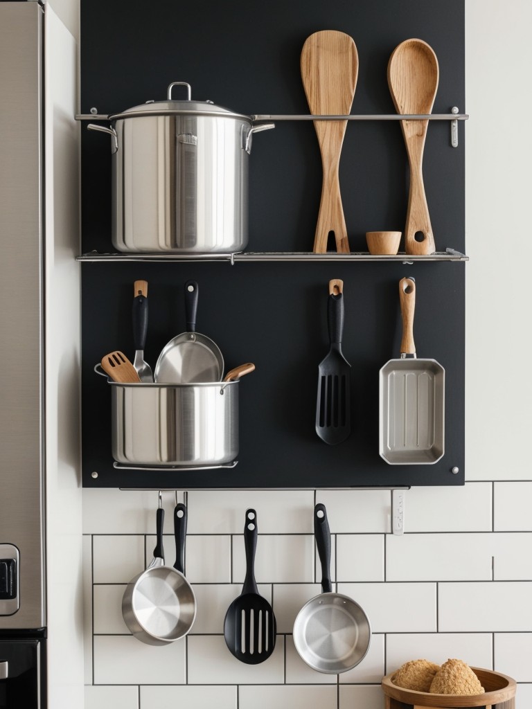 Install a pegboard on the walls for hanging pots, pans, and cooking utensils.