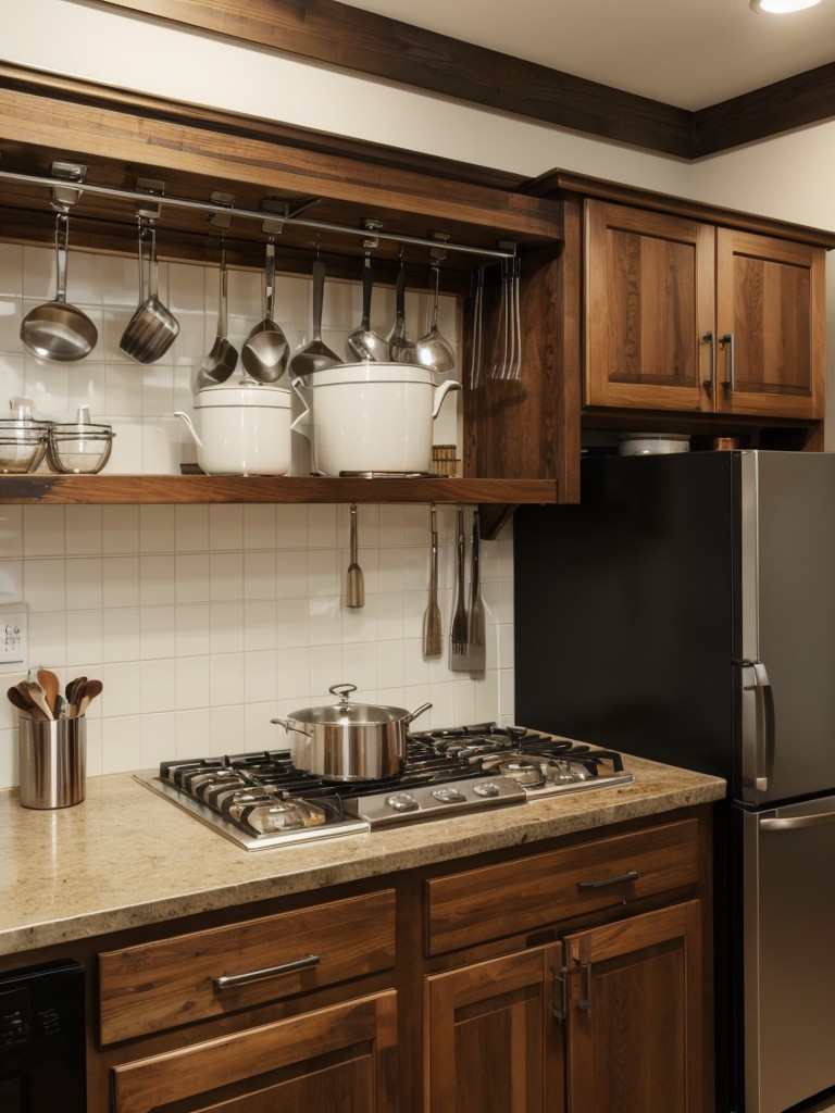 Use hanging pot racks or a ceiling-mounted pot rack to free up cabinet space.