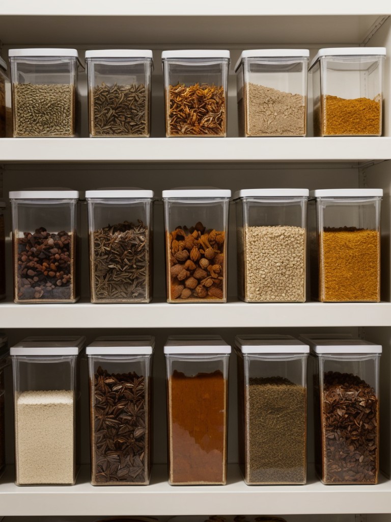 Use stackable containers or clear plastic bins to keep spices and pantry items organized.