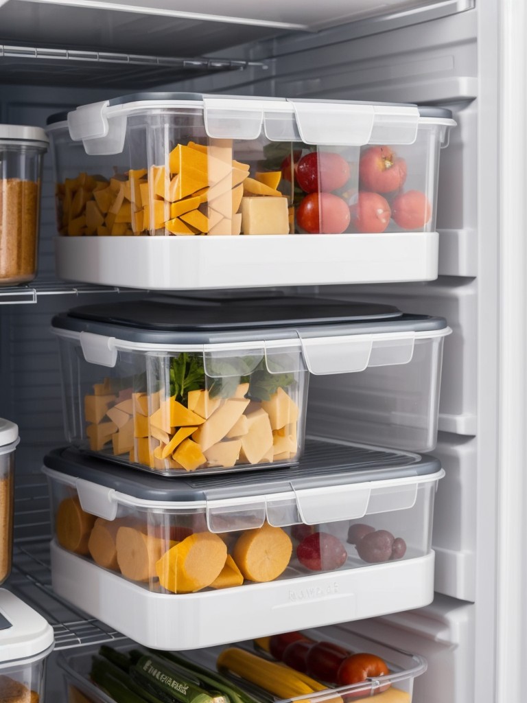Use stackable or collapsible storage containers to maximize space in the refrigerator.