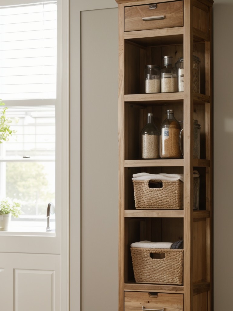 Utilize vertical space by installing open shelving or hanging racks to maximize storage.