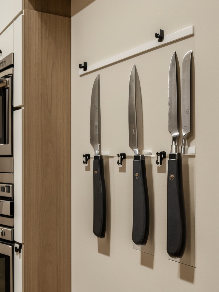 Utilize wall-mounted organizers or magnetic strips to store knives and utensils.
