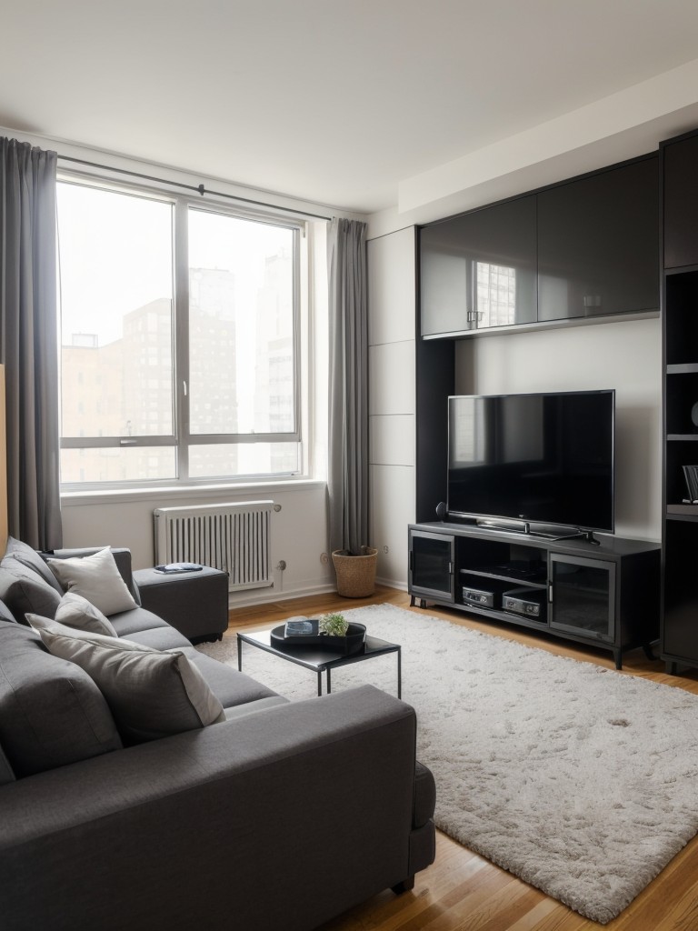 Creating an inviting and functional entertainment area in your NYC studio apartment, utilizing space-saving media consoles and comfortable seating arrangements.