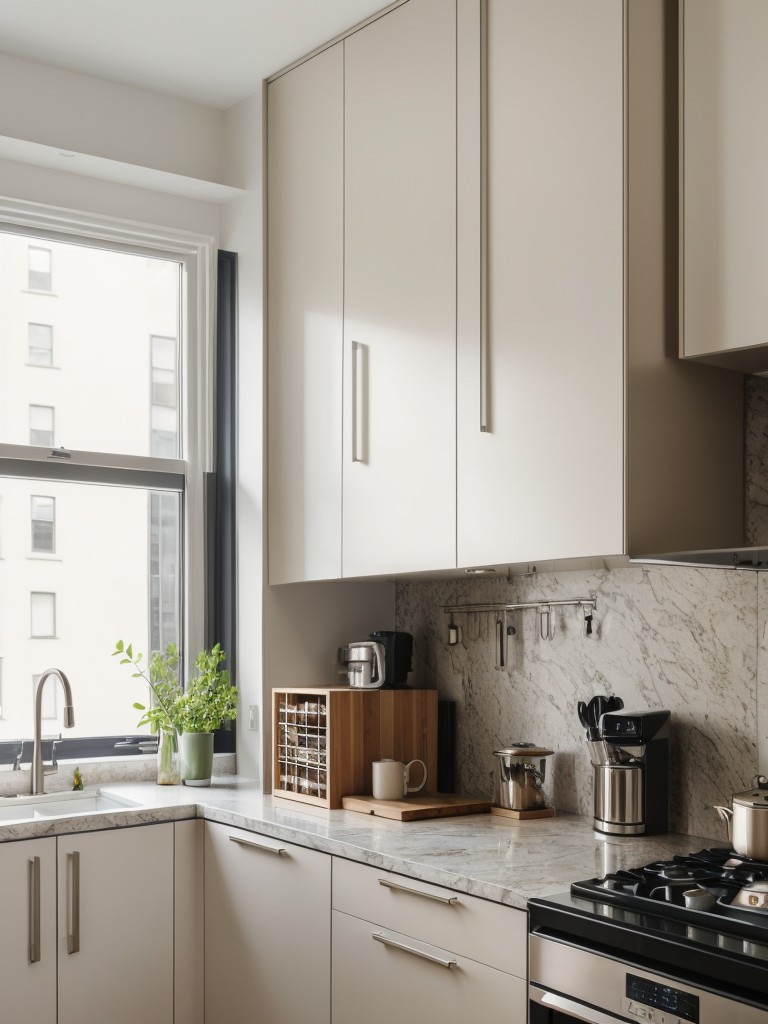 Designing a chic and functional kitchenette in a NYC studio apartment, maximizing countertop and storage space.