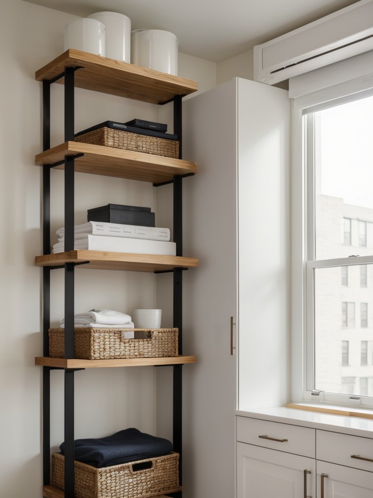 Making the most of vertical space in a NYC studio apartment, utilizing wall shelves and hanging organizers.