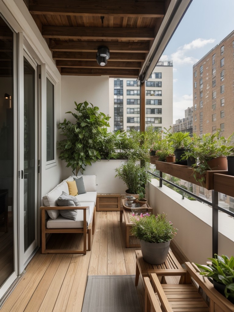 Small balcony or outdoor space design ideas for a NYC studio apartment, including functional seating and planters.