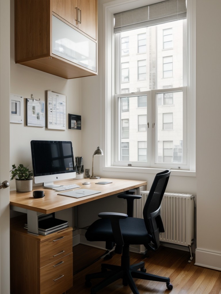 Designing a functional home office space in a NYC studio apartment, with a compact desk, comfortable chair, and organization systems, to accommodate remote work or study needs.