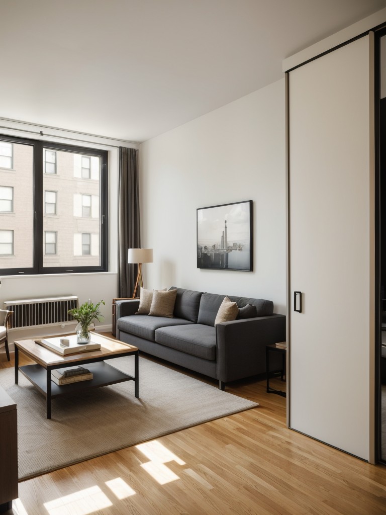 Designing a functional layout for a NYC studio apartment by dividing the space into distinct zones with the strategic placement of furniture and room dividers.