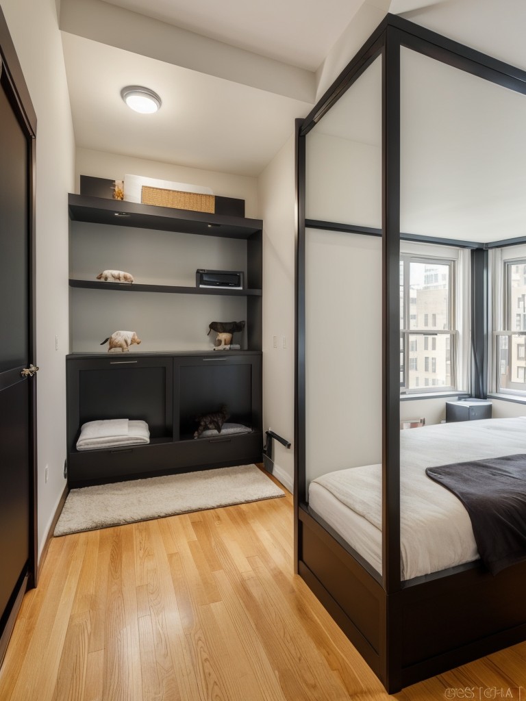 Designing a pet-friendly NYC studio apartment by incorporating built-in pet beds, litter box enclosures, or designated areas for pet supplies.
