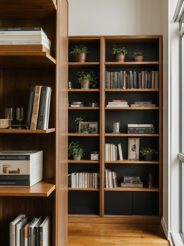 Emphasizing vertical space in a small NYC studio apartment by utilizing tall bookshelves, vertical storage systems, or hanging plants.