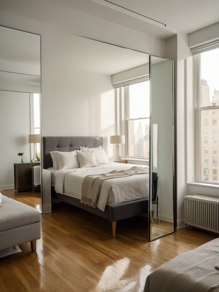 Incorporating large mirrors into a small NYC studio apartment to reflect light and create the illusion of a more spacious and open area.