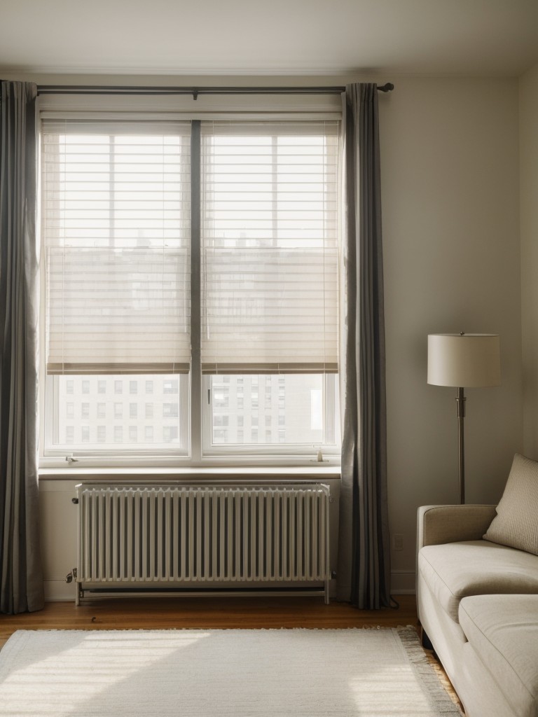 Maximizing natural light in a NYC studio apartment by using sheer curtains, light-filtering blinds, or placing furniture away from windows to ensure unobstructed views.