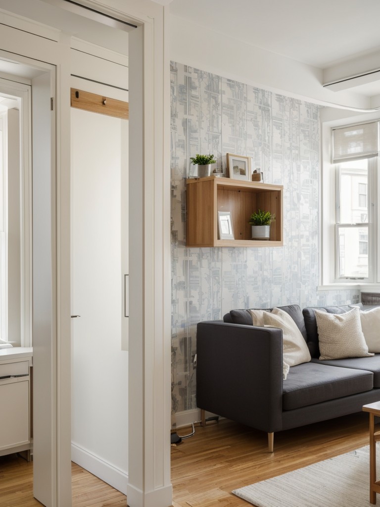 Navigating building restrictions in a NYC studio apartment design, such as limited renovations or noise restrictions, by opting for removable or temporary solutions like wallpaper, adhesive hooks, or wall decals.