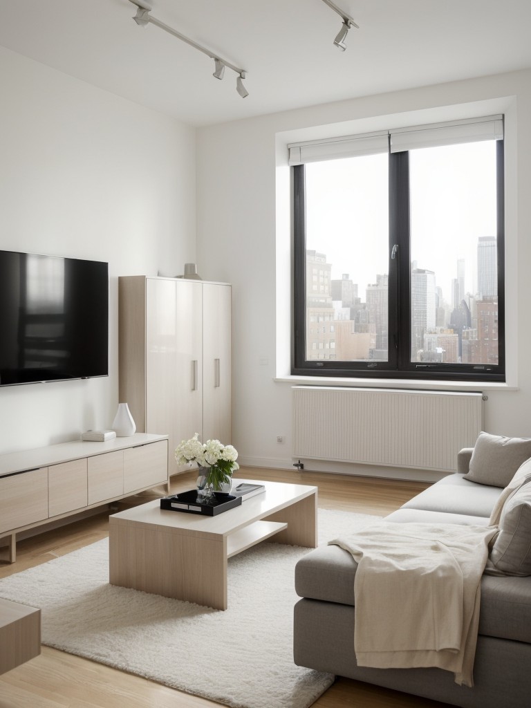 Using a minimalist design approach in a NYC studio apartment, with clean lines, neutral colors, and sleek furniture, to create a sense of calm and tranquility.