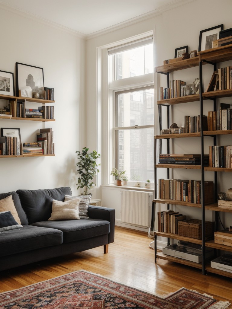 Utilizing open shelving in a NYC studio apartment to showcase decorative items, books, or personal collections, adding personality and visual interest to the space.