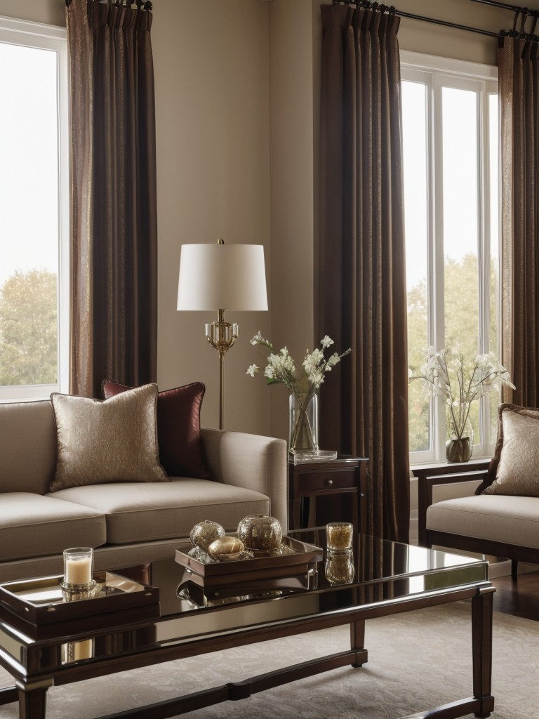 Add a touch of drama with rich jewel-toned curtains, crystal sconces, and a mirrored coffee table.