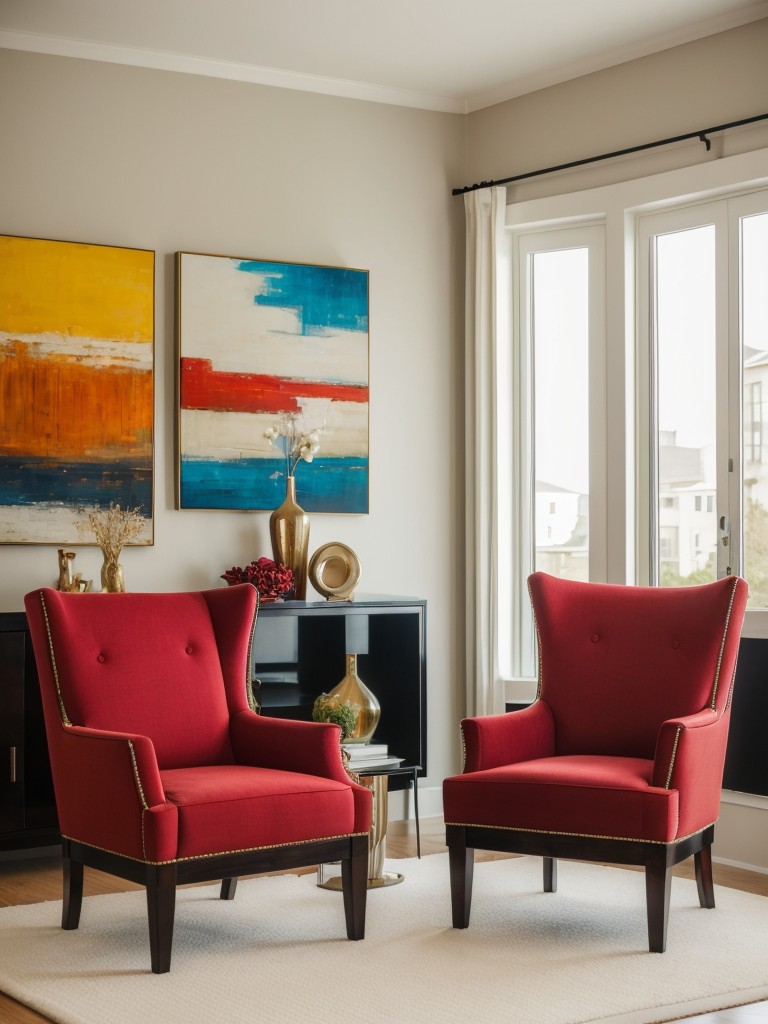 Bring in pops of color with glamorous art pieces or vibrant accent chairs.