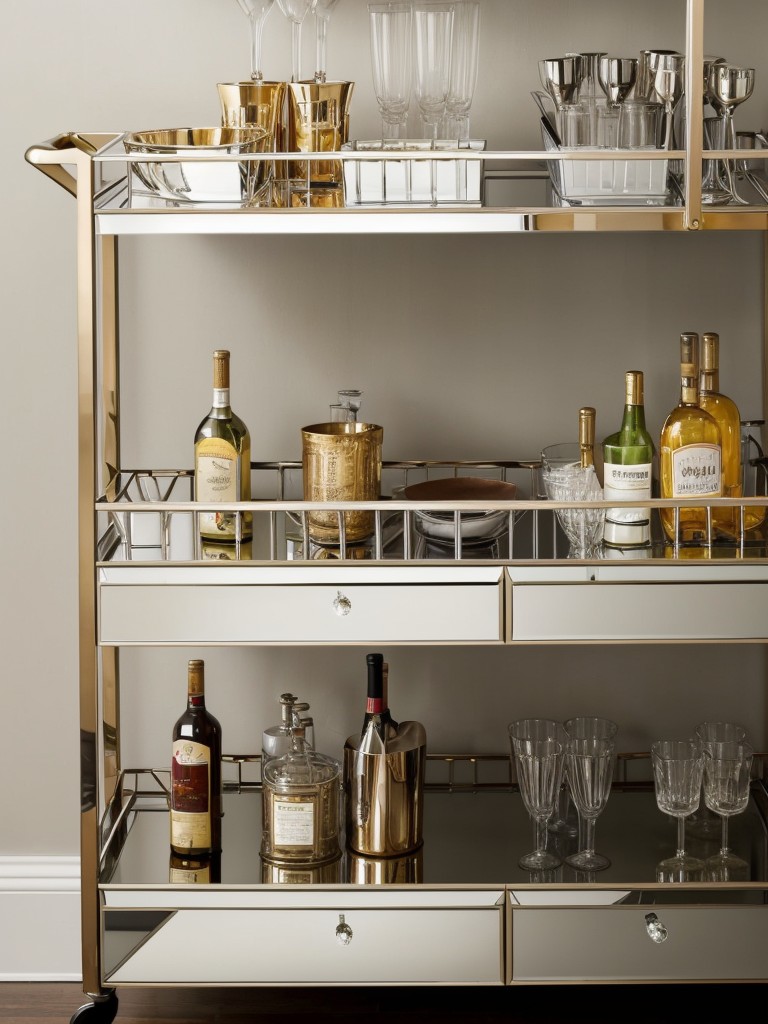 Incorporate a bar cart with mirrored shelves and metallic barware for a glamorous and stylish entertaining area.