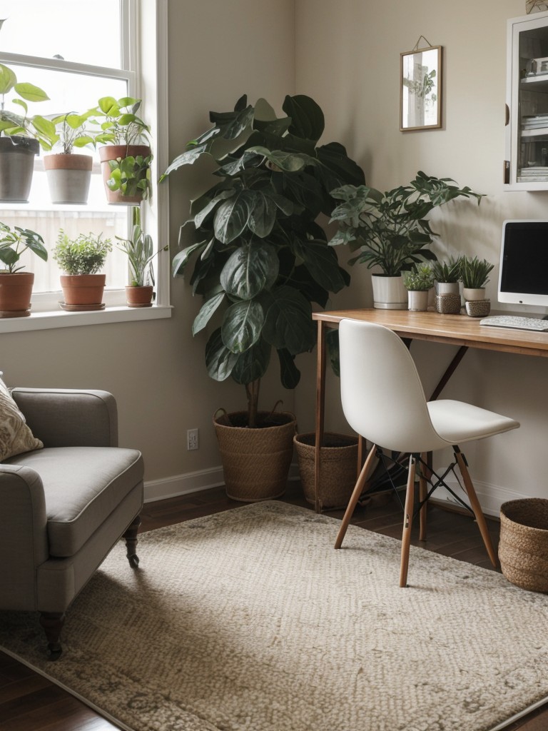 Create a cozy and inspiring atmosphere by adding plants, a small rug, and decorative accessories to your office space.
