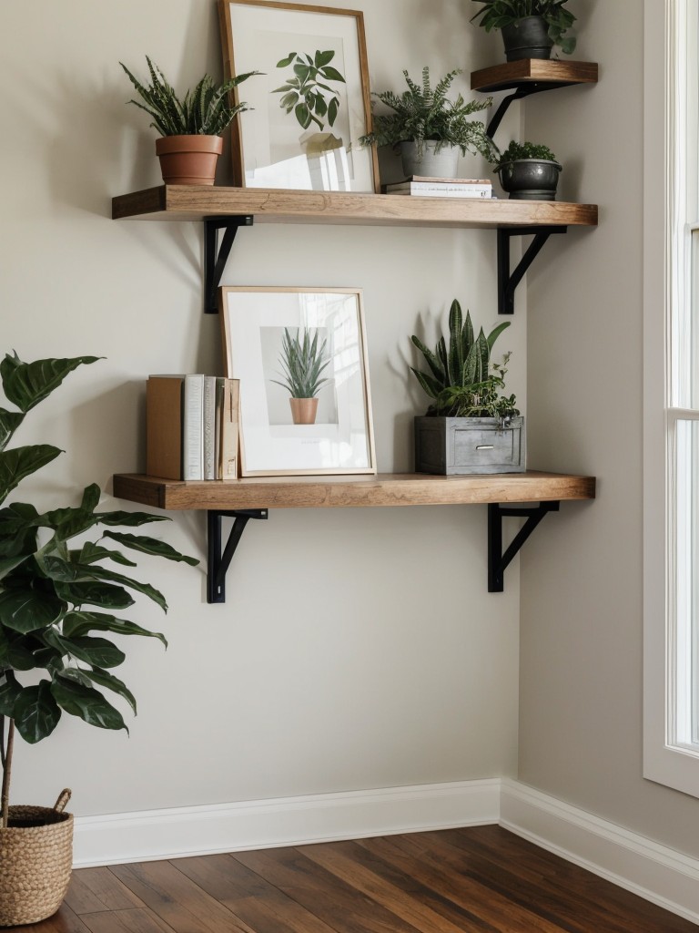 Incorporate floating shelves above your desk to display books, plants, and decorative items, while keeping the floor clear.