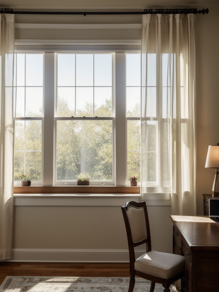 Utilize natural light by positioning your desk near a window and opting for sheer curtains to maximize brightness.