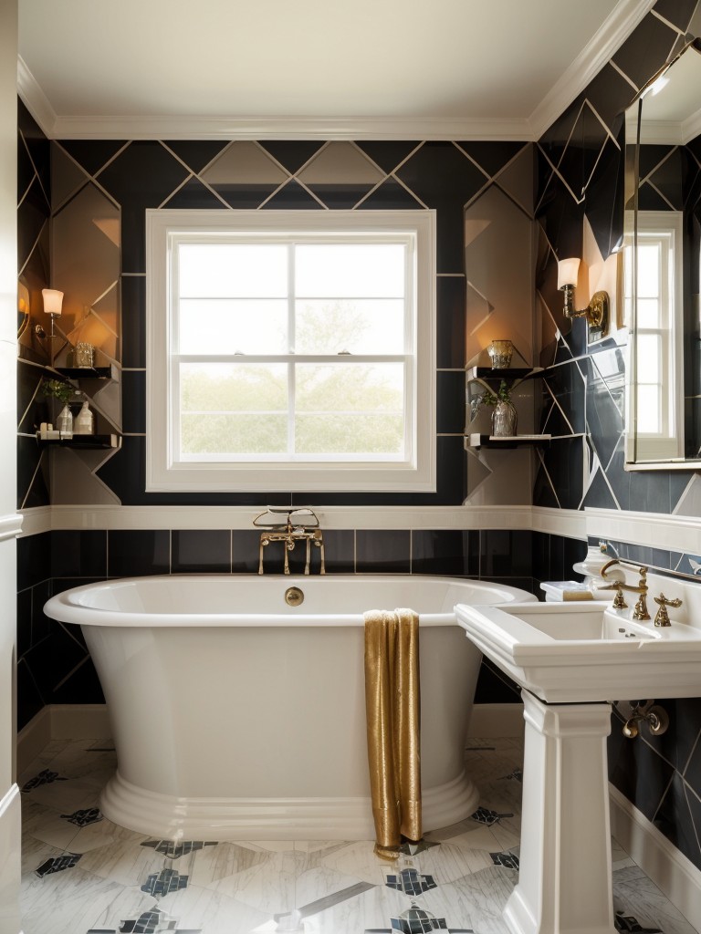 Art Deco bathroom decor with geometric patterns, glamorous finishes, and bold color choices for a touch of luxury.