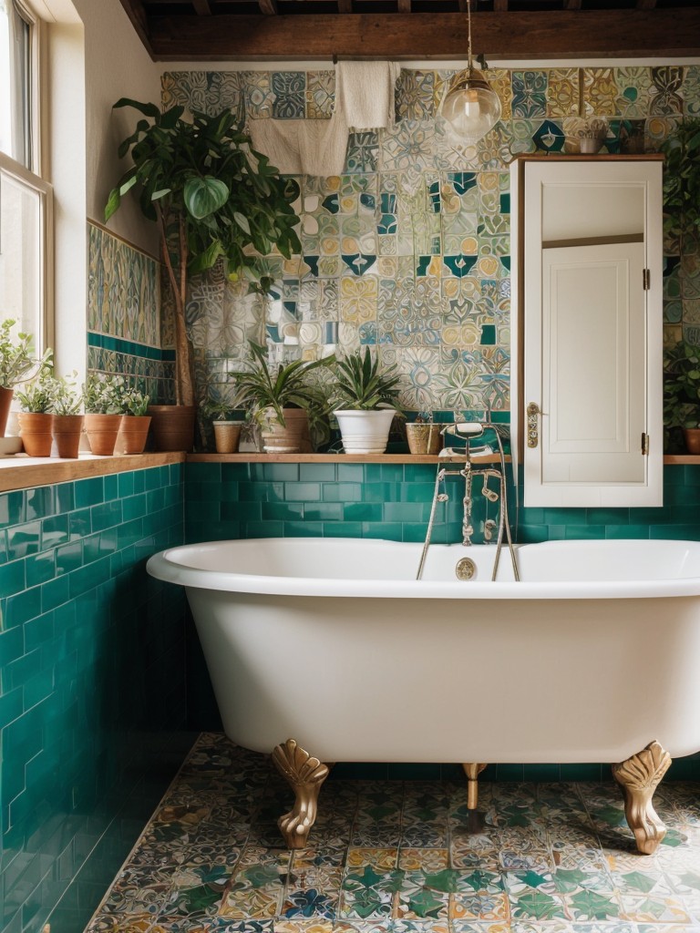 Bohemian bathroom aesthetics featuring vibrant mosaic tiles, eclectic patterns, and an abundance of plants.