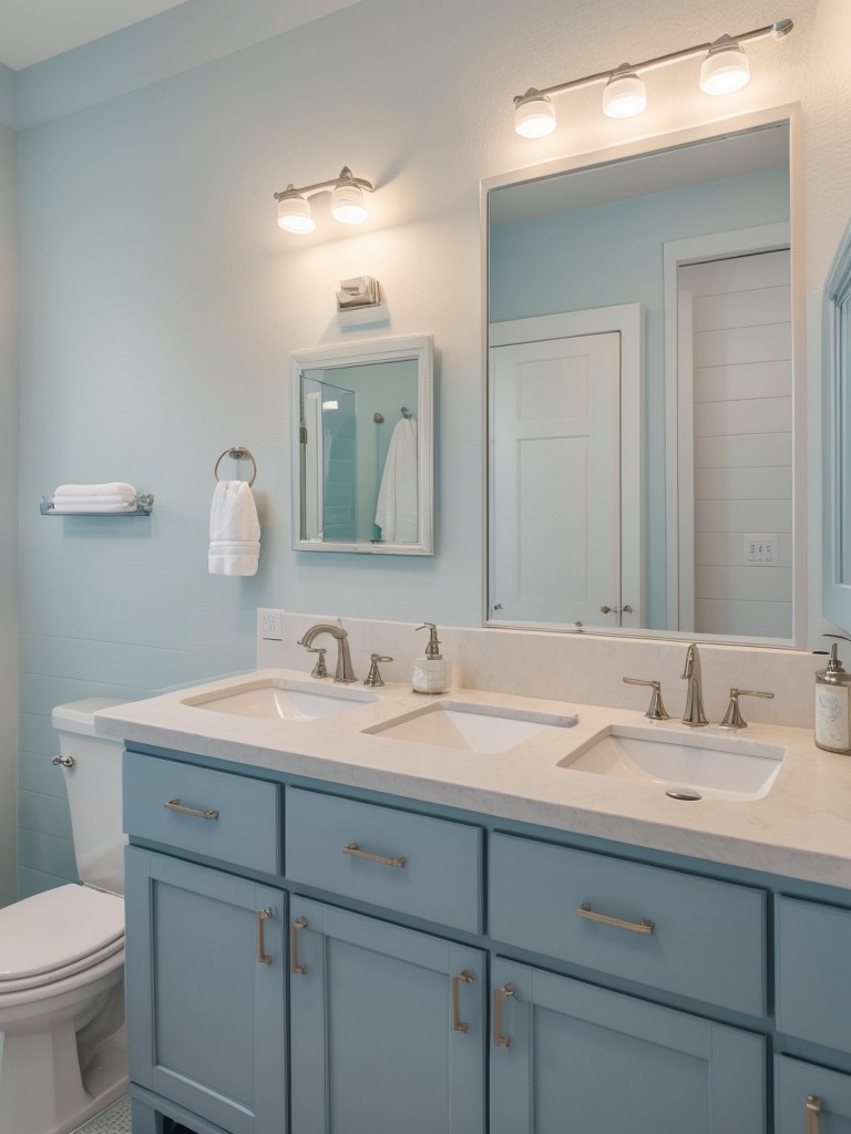 Coastal-inspired bathroom design using soft blue and white hues, natural textures, and nautical accents.