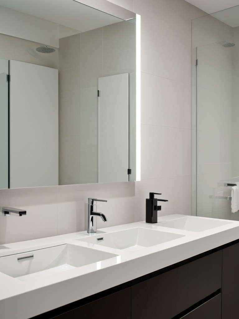 Contemporary bathroom design with high-gloss surfaces, sleek glass fixtures, and minimalist accessories for a modern touch.