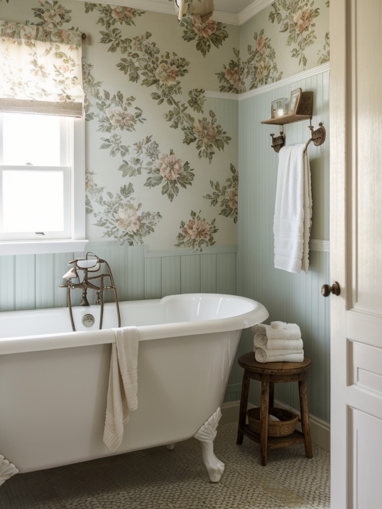 Country cottage bathroom decor featuring floral wallpaper, vintage-inspired fixtures, and charming rustic accents.