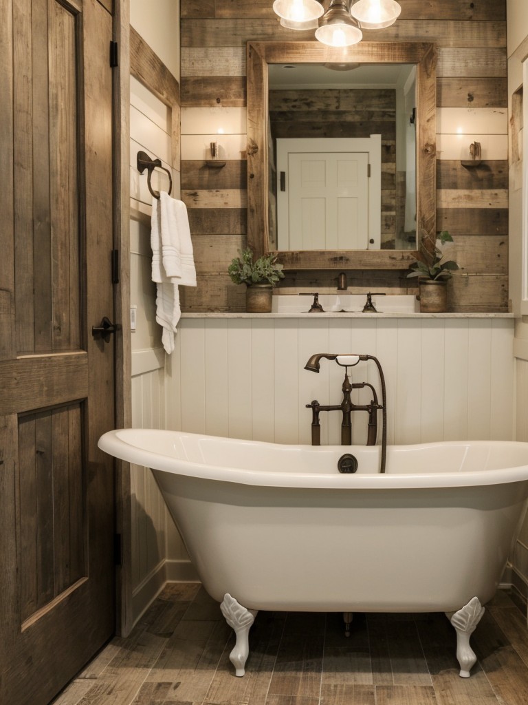 Farmhouse-inspired bathroom design incorporating distressed wood elements, vintage accessories, and neutral tones.