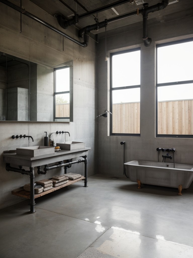 Industrial bathroom design with exposed pipes, concrete finishes, and salvaged materials for an edgy, urban feel.