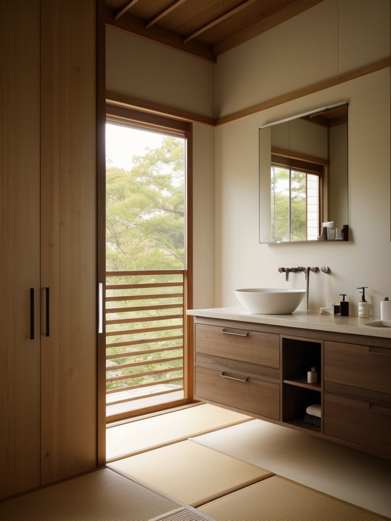 Japanese-inspired bathroom aesthetics with minimalistic design, natural materials, and a focus on tranquility and serenity.